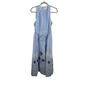 Space Maxi‎ Dress Women Small Blue EUC Embroidered Linen Halter Tie Waist 2704